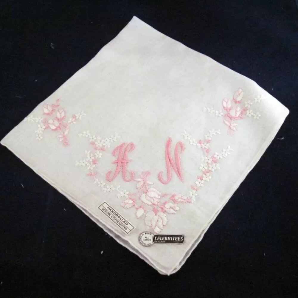 Vintage White Handkerchief W/ Pink Embroidery Monogrammed H N All Cotton Hanky
